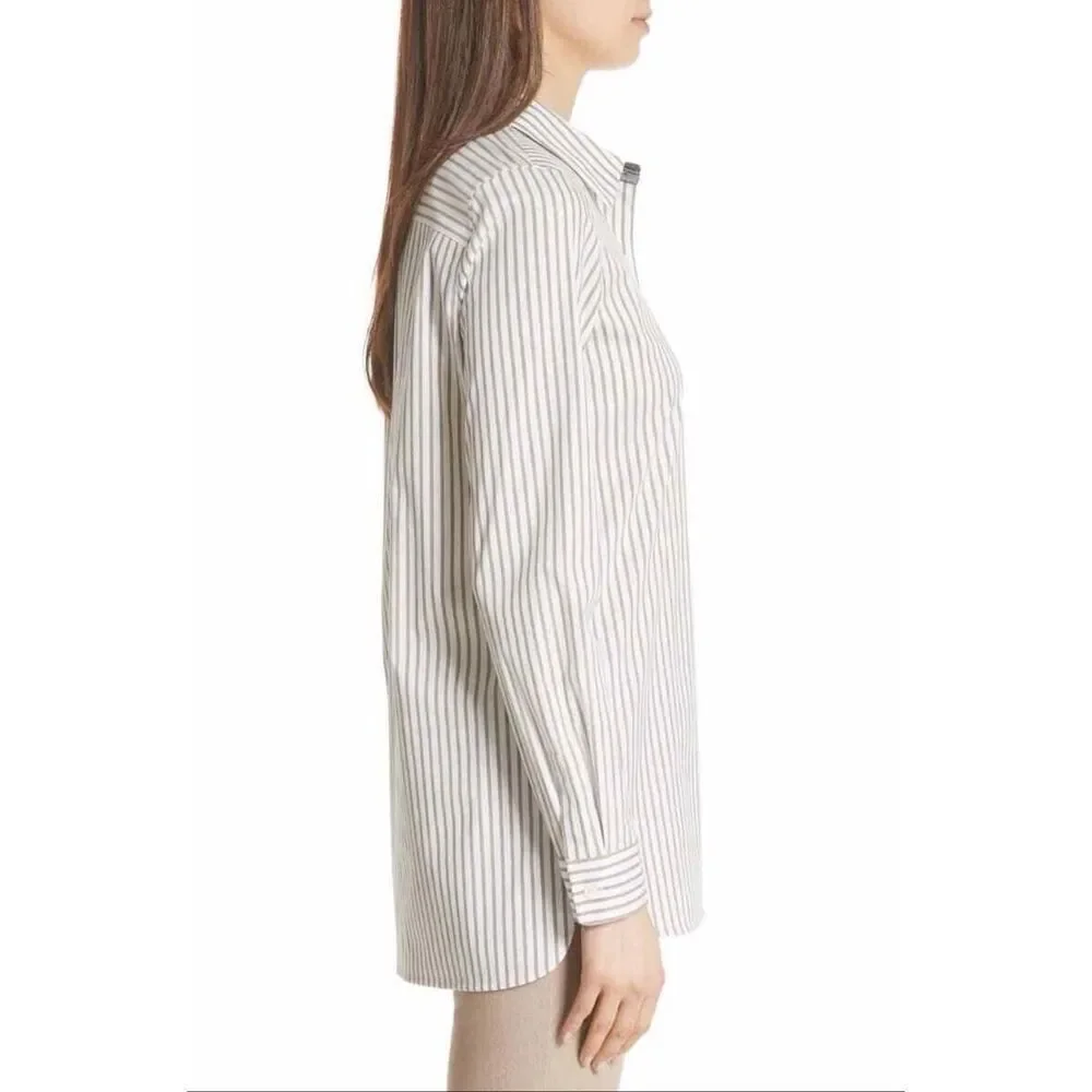 Lafayette 148 New York Helen Striped Button-Down Shirt White, Gray Size S - Picture 3 of 12